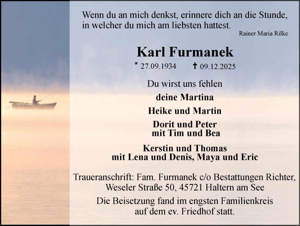  Traueranzeige für Karl Furmanek vom 24.12.2025 aus Ruhr Nachrichten und Halterner Zeitung