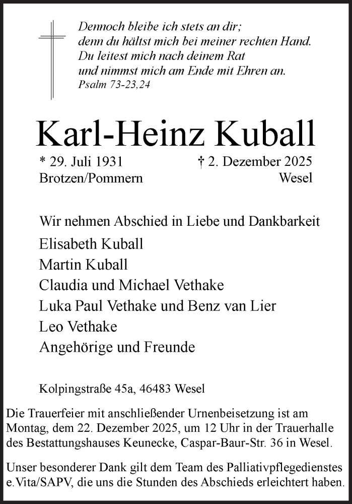  Traueranzeige für Karl-Heinz Kuball vom 13.12.2025 aus Lüner Anzeiger