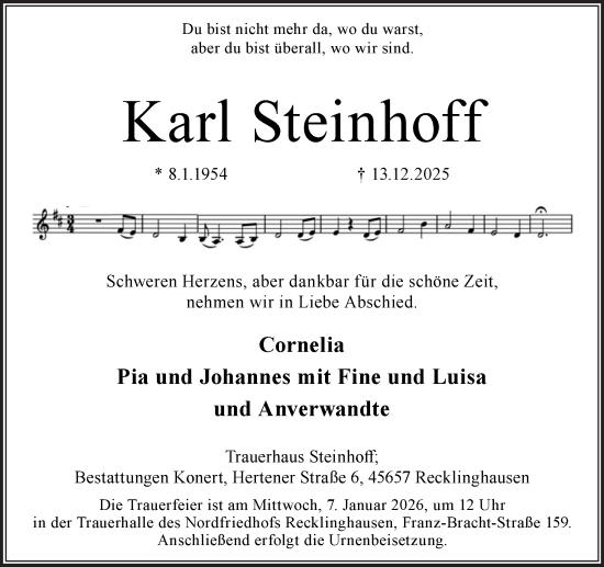 Traueranzeige von Karl Steinhoff von Trauer Vest