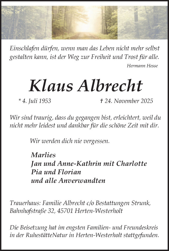  Traueranzeige für Klaus Albrecht vom 13.12.2025 aus Trauer Vest