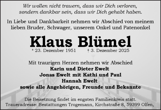 Traueranzeige von Klaus Blümel von Ruhr Nachrichten