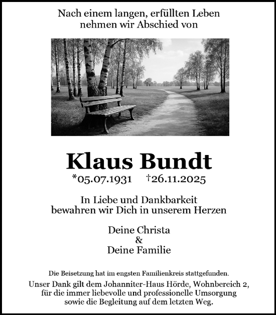 Traueranzeige von Klaus Bundt von Ruhr Nachrichten