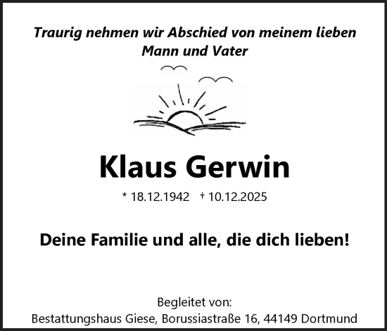 Traueranzeige von Klaus Gerwin von Ruhr Nachrichten