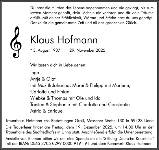 Traueranzeige von Klaus Hofmann von Hellweger Anzeiger