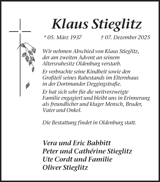 Traueranzeige von Klaus Stieglitz von Ruhr Nachrichten