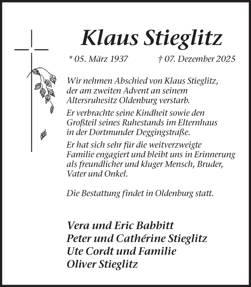  Traueranzeige für Klaus Stieglitz vom 16.12.2025 aus Ruhr Nachrichten