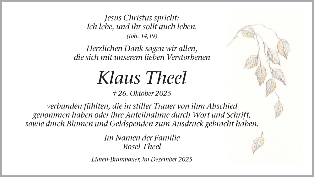 Traueranzeige für Klaus Theel vom 13.12.2025 aus Lüner Anzeiger