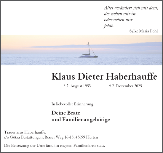Traueranzeige von Klaus Dieter Haberhauffe von Trauer Vest