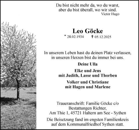 Traueranzeige von Leo Göcke von Ruhr Nachrichten und Halterner Zeitung