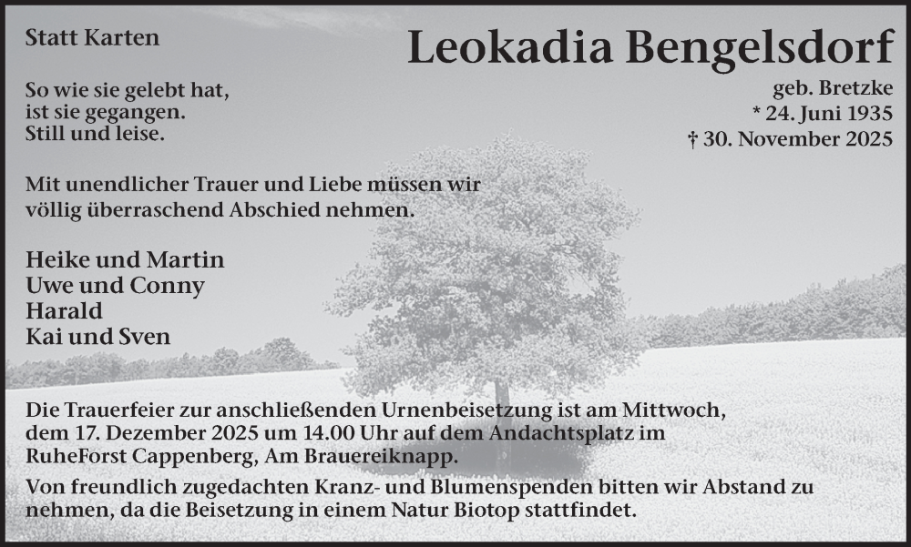 Traueranzeige für Leokadia Bengelsdorf vom 13.12.2025 aus Lüner Anzeiger