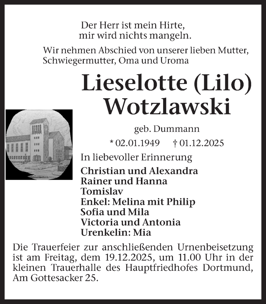  Traueranzeige für Lieselotte Wotzlawski vom 16.12.2025 aus Ruhr Nachrichten