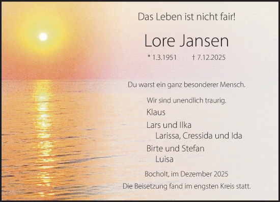 Traueranzeige von Lore Jansen 