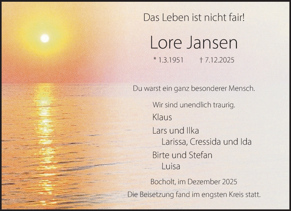  Traueranzeige für Lore Jansen vom 20.12.2025 aus 