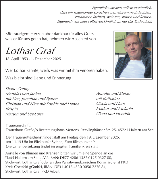 Traueranzeige von Lothar Graf von Ruhr Nachrichten und Halterner Zeitung