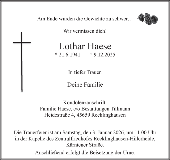 Traueranzeige von Lothar Haese von Trauer Vest