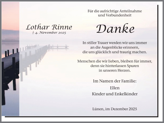 Traueranzeige von Lothar Rinne von Lüner Anzeiger