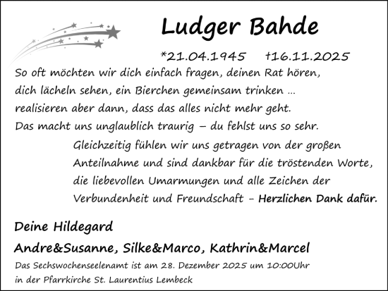 Traueranzeige von Ludger Bahde von Ruhr Nachrichten und Dorstener Zeitung
