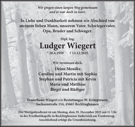 Traueranzeige von Ludger Wiegert von Trauer Vest