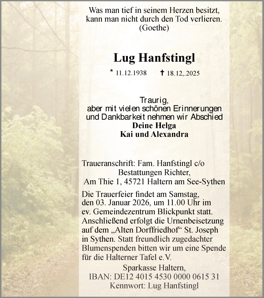  Traueranzeige für Lug Hanfstingl vom 27.12.2025 aus Ruhr Nachrichten und Halterner Zeitung