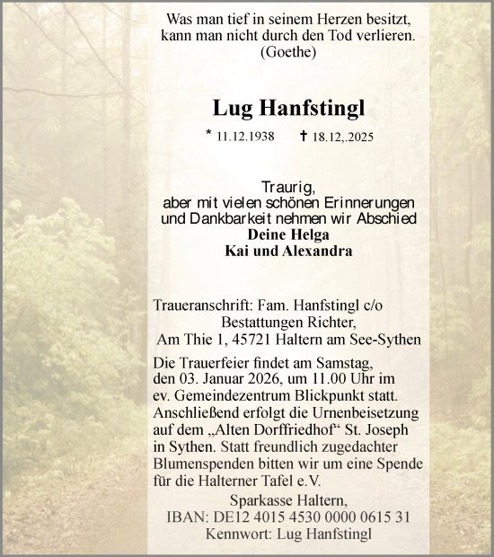 Traueranzeige von Lug Hanfstingl von Ruhr Nachrichten und Halterner Zeitung