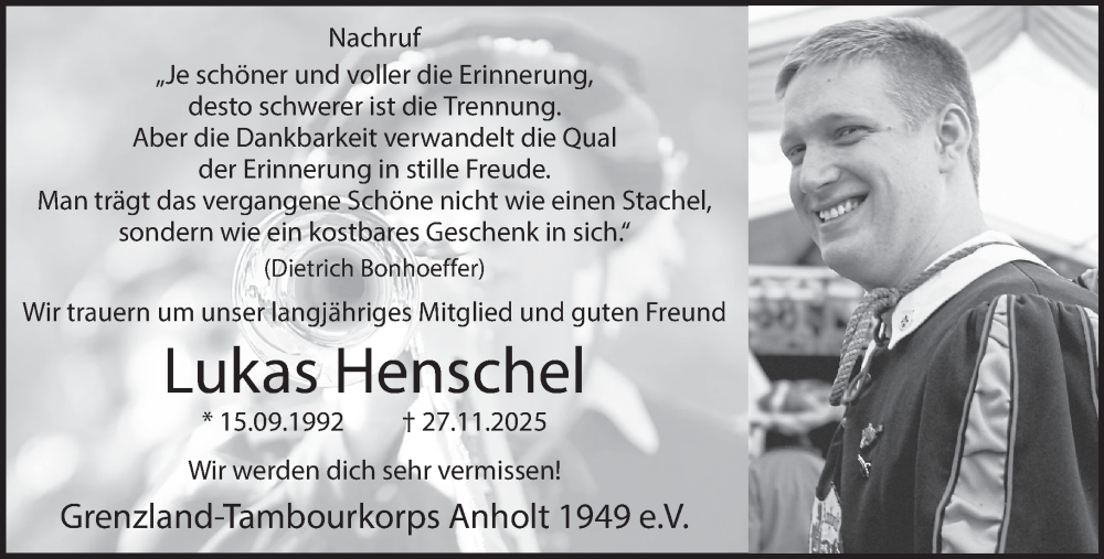  Traueranzeige für Lukas Henschel vom 13.12.2025 aus 