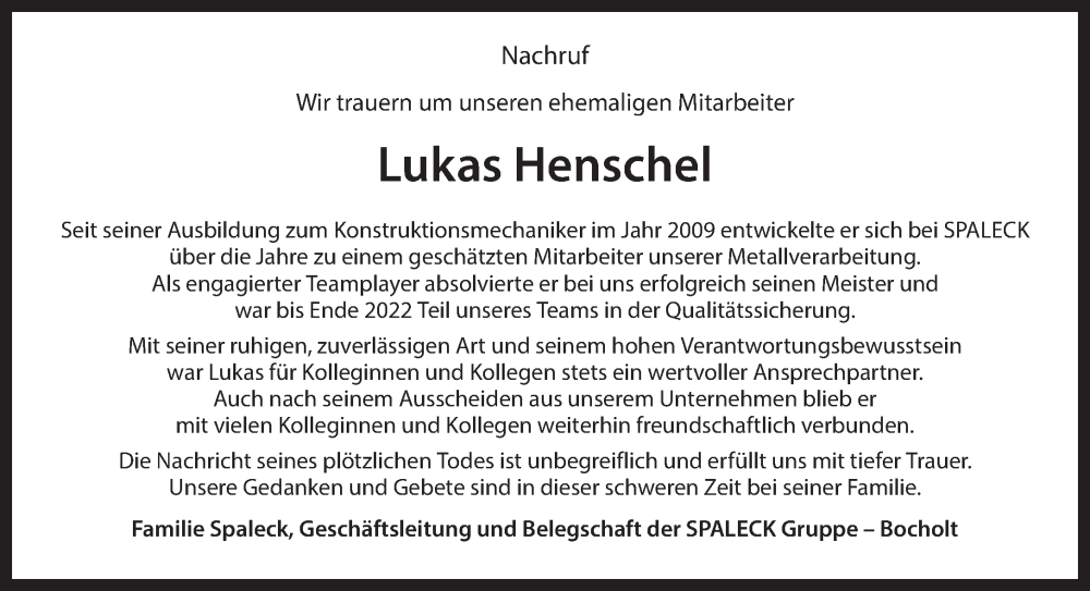  Traueranzeige für Lukas Henschel vom 06.12.2025 aus 