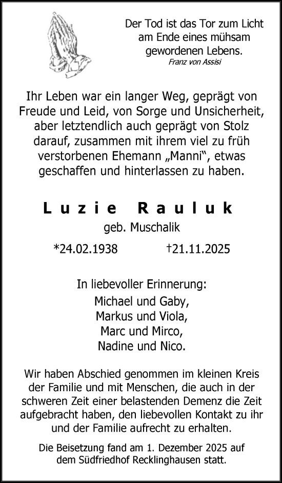 Traueranzeige von Luzie Rauluk von Trauer Vest