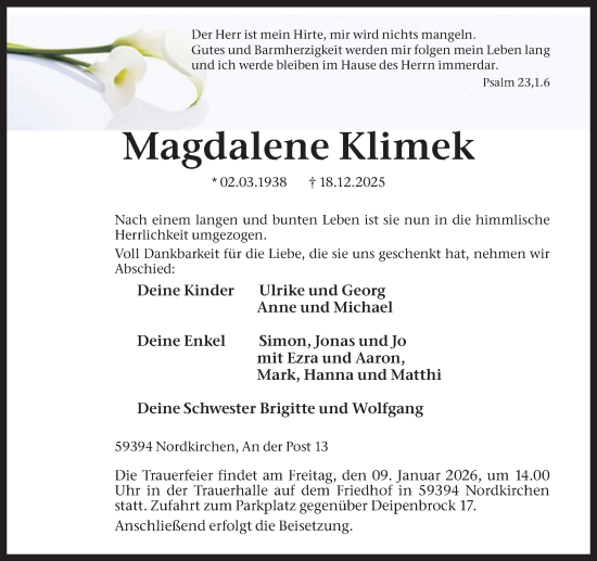 Traueranzeige von Magdalene Klimek von Ruhr Nachrichten