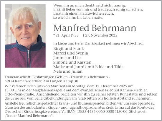 Traueranzeige von Manfred Behrmann von Hellweger Anzeiger