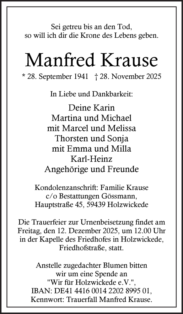  Traueranzeige für Manfred Krause vom 06.12.2025 aus Hellweger Anzeiger