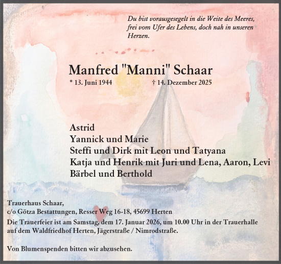 Traueranzeige von Manfred Schaar von Trauer Vest
