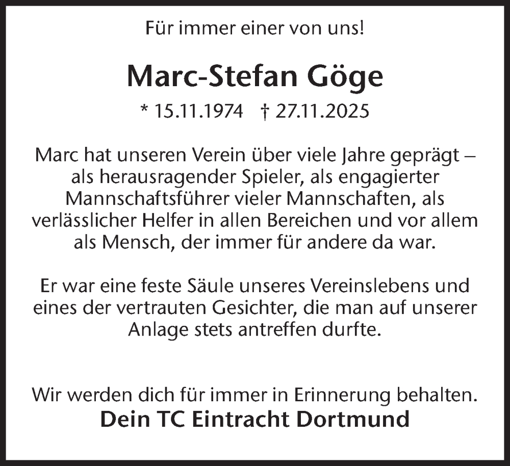 Traueranzeige für Marc-Stefan Göge vom 23.12.2025 aus Ruhr Nachrichten
