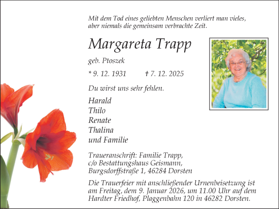 Traueranzeige von Margareta Trapp von Ruhr Nachrichten und Dorstener Zeitung