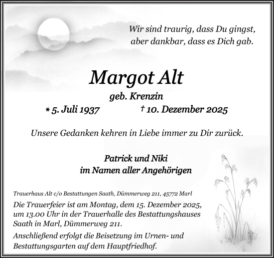 Traueranzeige von Margot Alt von Trauer Vest