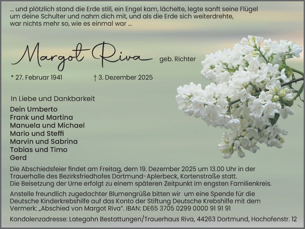  Traueranzeige für Margot Riva vom 13.12.2025 aus Ruhr Nachrichten