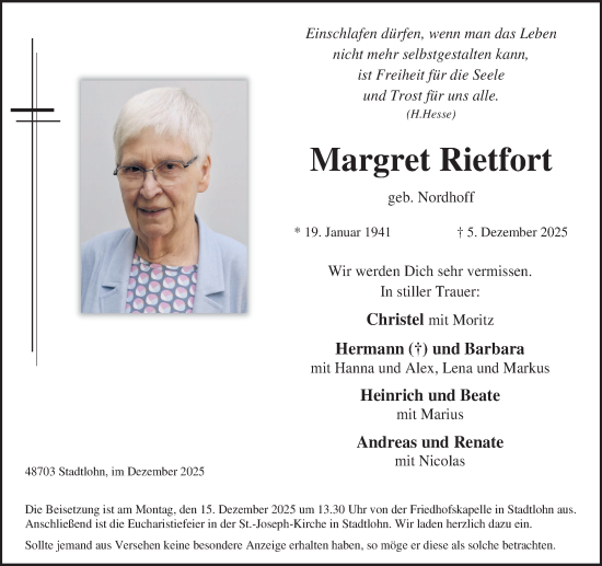Traueranzeige von Margret Rietfort von Münsterland Zeitung