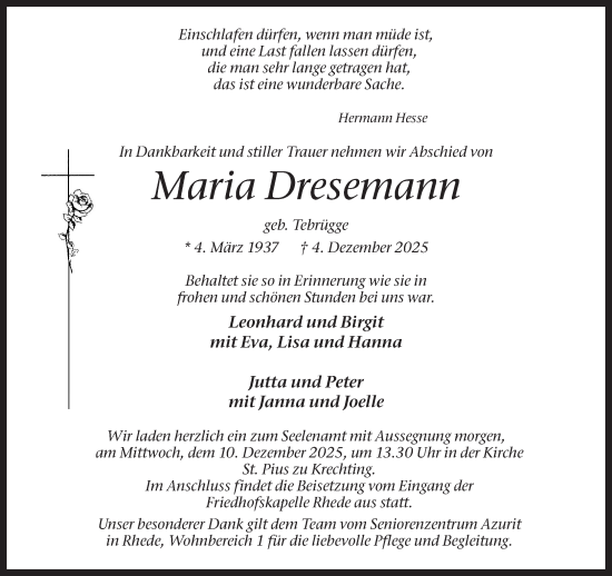 Traueranzeige von Maria Dresemann 