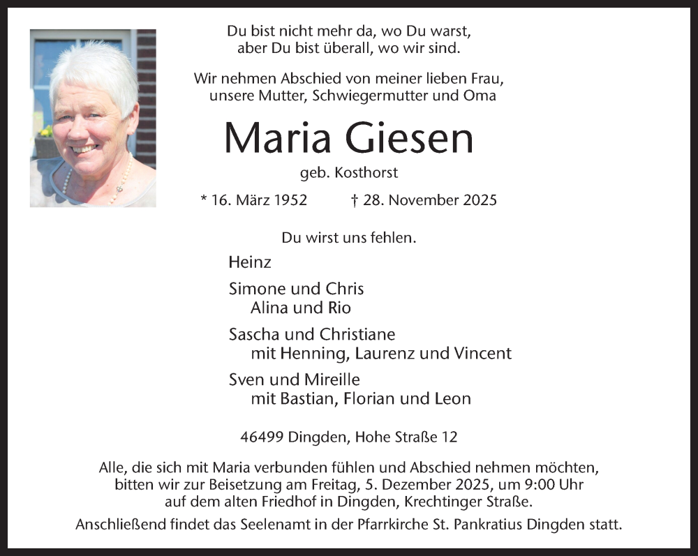  Traueranzeige für Maria Giesen vom 02.12.2025 aus 