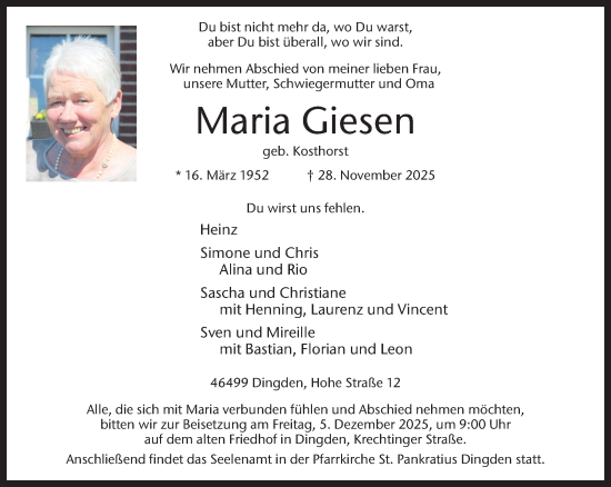 Traueranzeige von Maria Giesen 