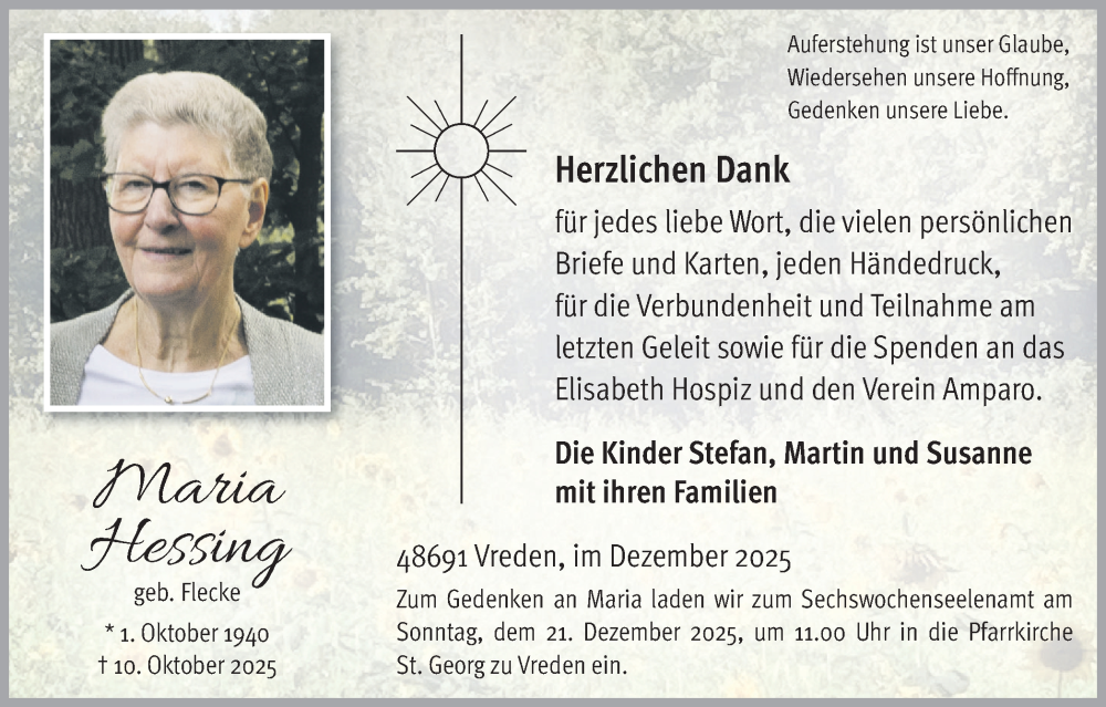 Traueranzeige für Maria Hessing vom 17.12.2025 aus Münsterland Zeitung