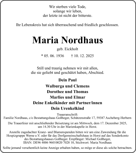 Traueranzeige von Maria Nordhaus von Ruhr Nachrichten