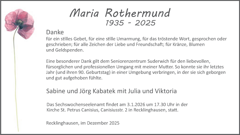  Traueranzeige für Maria Rothermund vom 13.12.2025 aus Trauer Vest