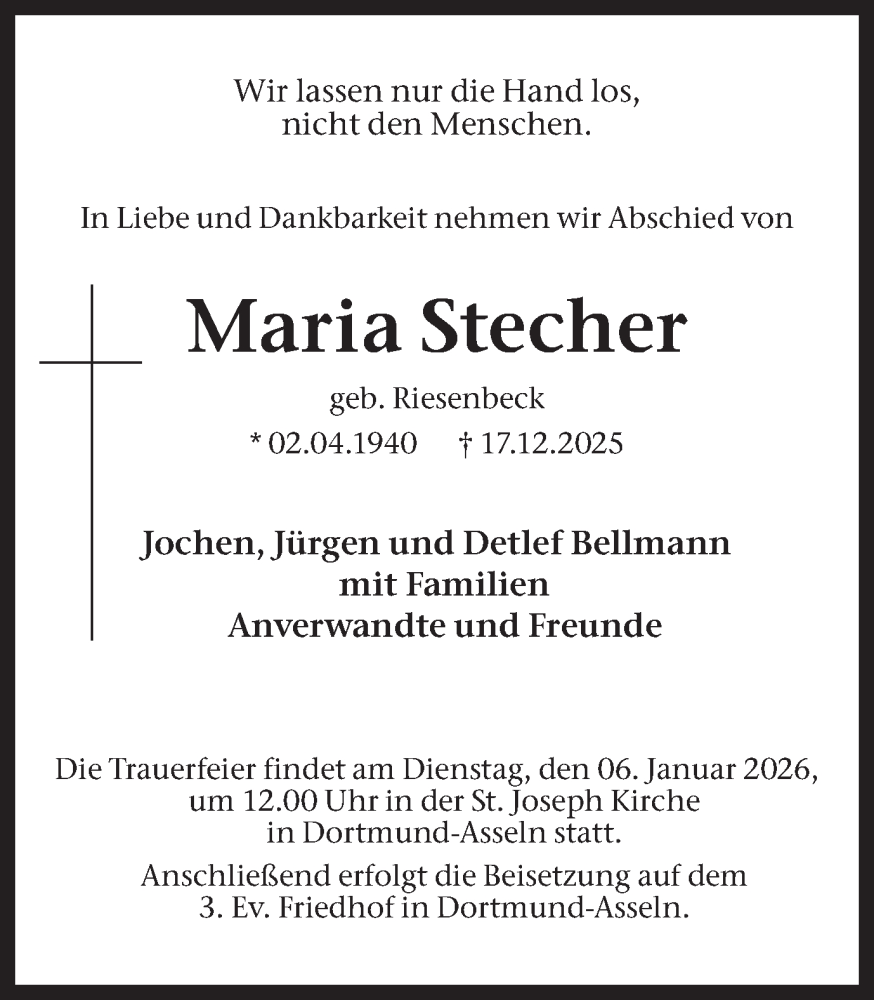  Traueranzeige für Maria Stecher vom 27.12.2025 aus Ruhr Nachrichten