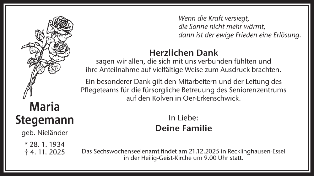  Traueranzeige für Maria Stegemann vom 20.12.2025 aus Trauer Vest