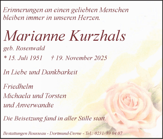 Traueranzeige von Marianne Kurzhals von Ruhr Nachrichten