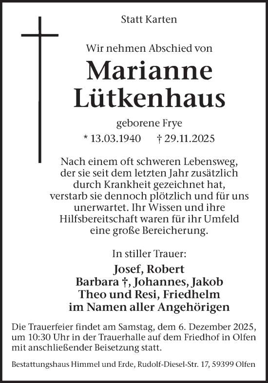Traueranzeige von Marianne Lütkenhaus von Ruhr Nachrichten