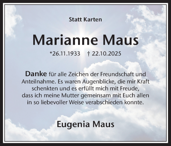 Traueranzeige von Marianne Maus von Trauer Vest