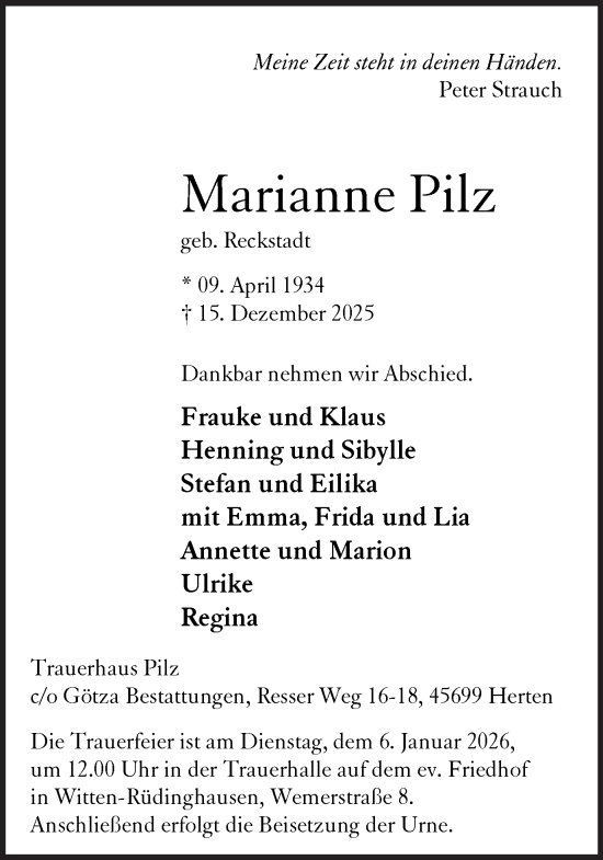Traueranzeige von Marianne Pilz von Trauer Vest