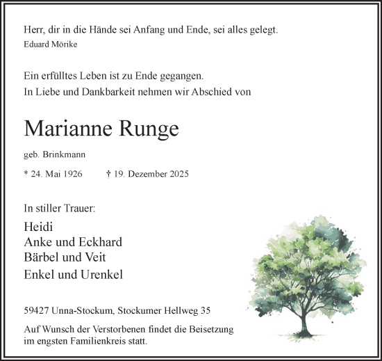 Traueranzeige von Marianne Runge von Hellweger Anzeiger