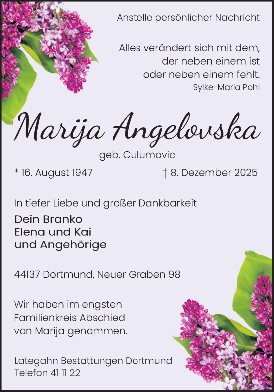 Traueranzeige von Marija Angelovska von Ruhr Nachrichten